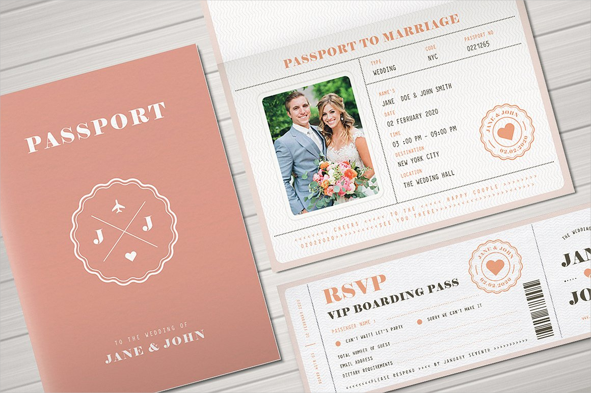 pastel passport wedding invitation