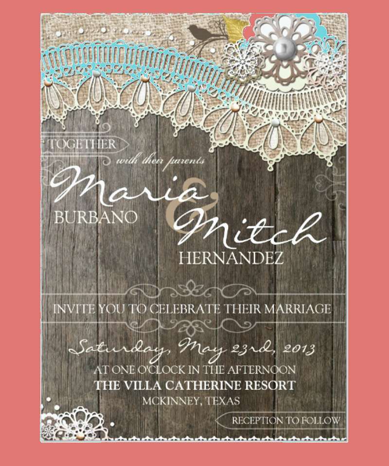 rustic wood lace floral wedding invitation