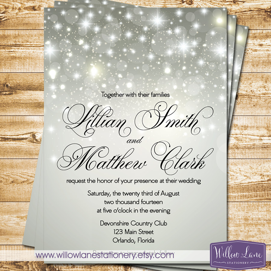 silver bokeh wedding invitation
