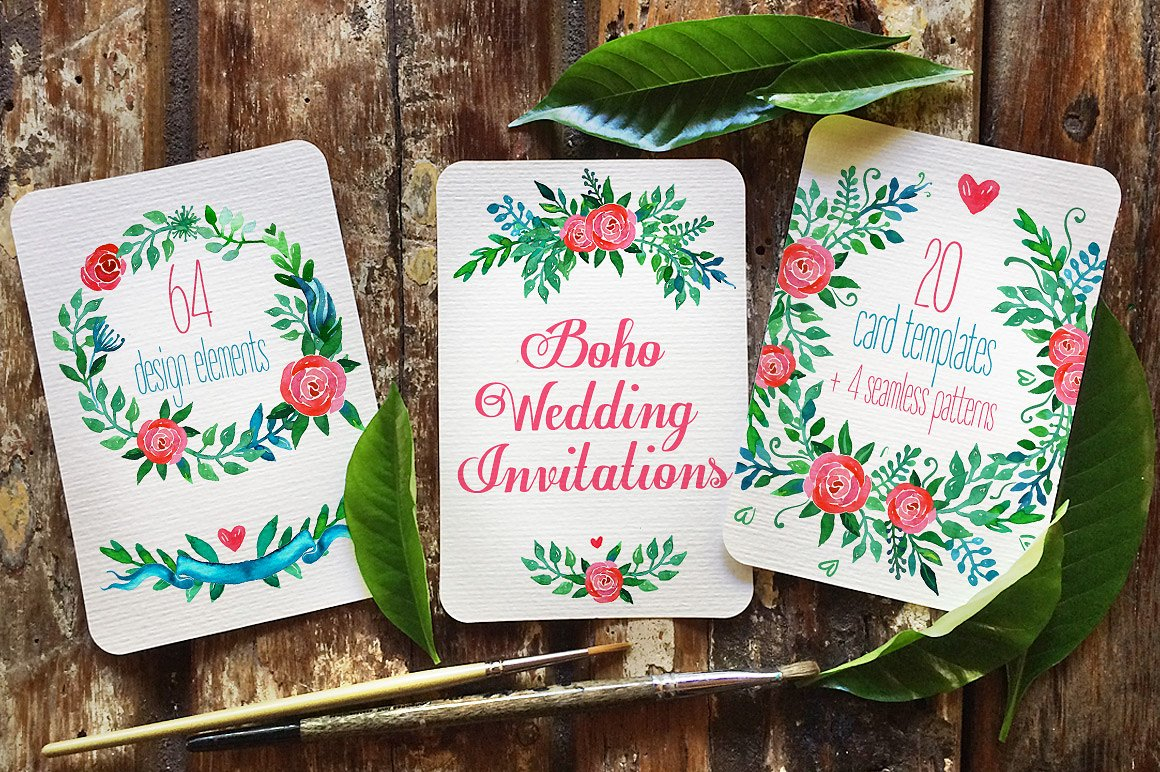 watercolor boho wedding invitation