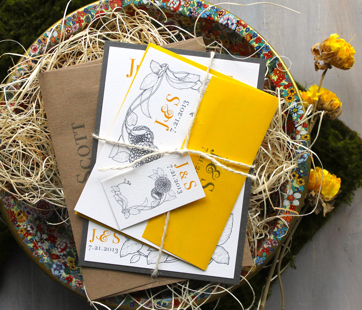 yellow bohemian wedding invitation design