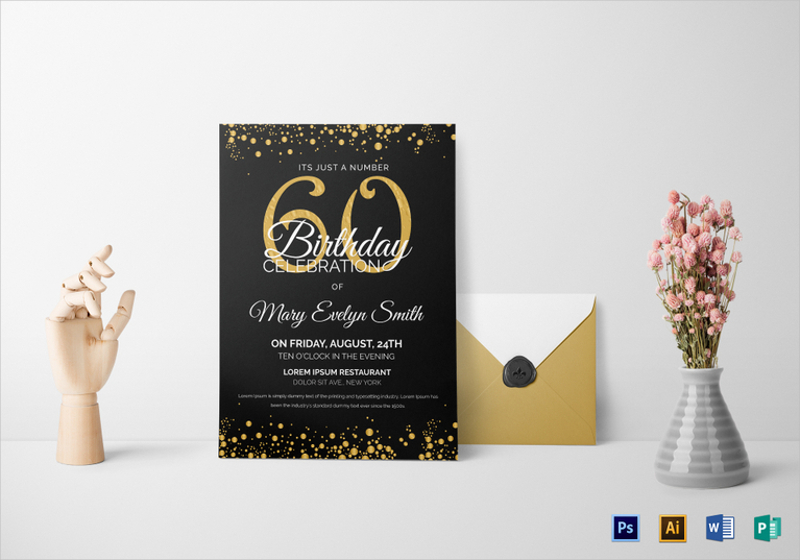 black and gold 60th birthday party invitation