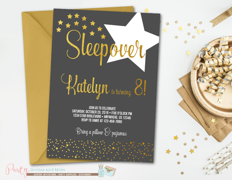 black and gold sleepover birthday invitation