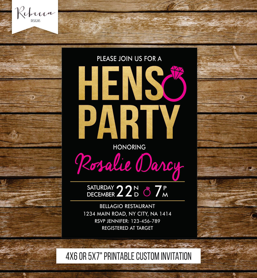 black and white hens party invitation