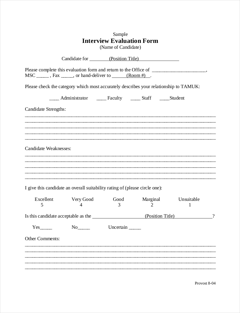 FREE 25+ Interview Evaluation Form Examples in PDF  Examples Regarding Blank Evaluation Form Template