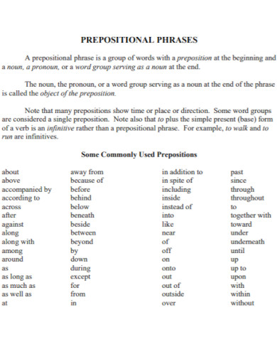 commonly used prepositional phrase