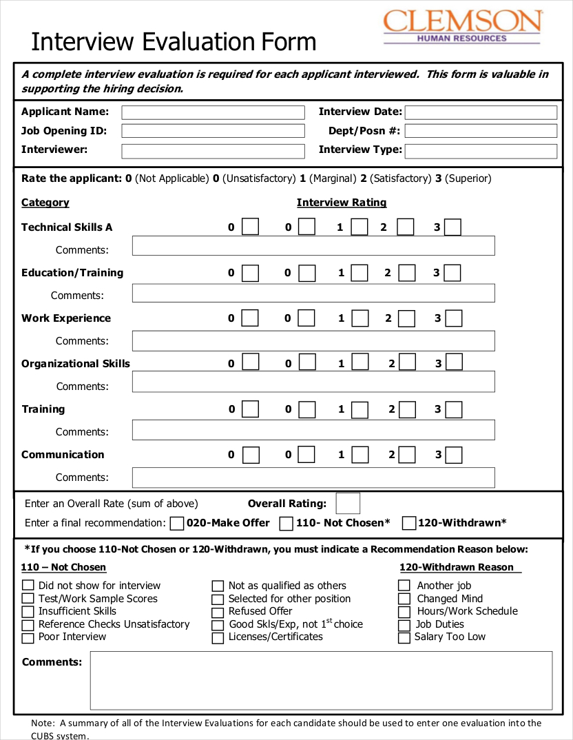 fillable interview evaluation form example1
