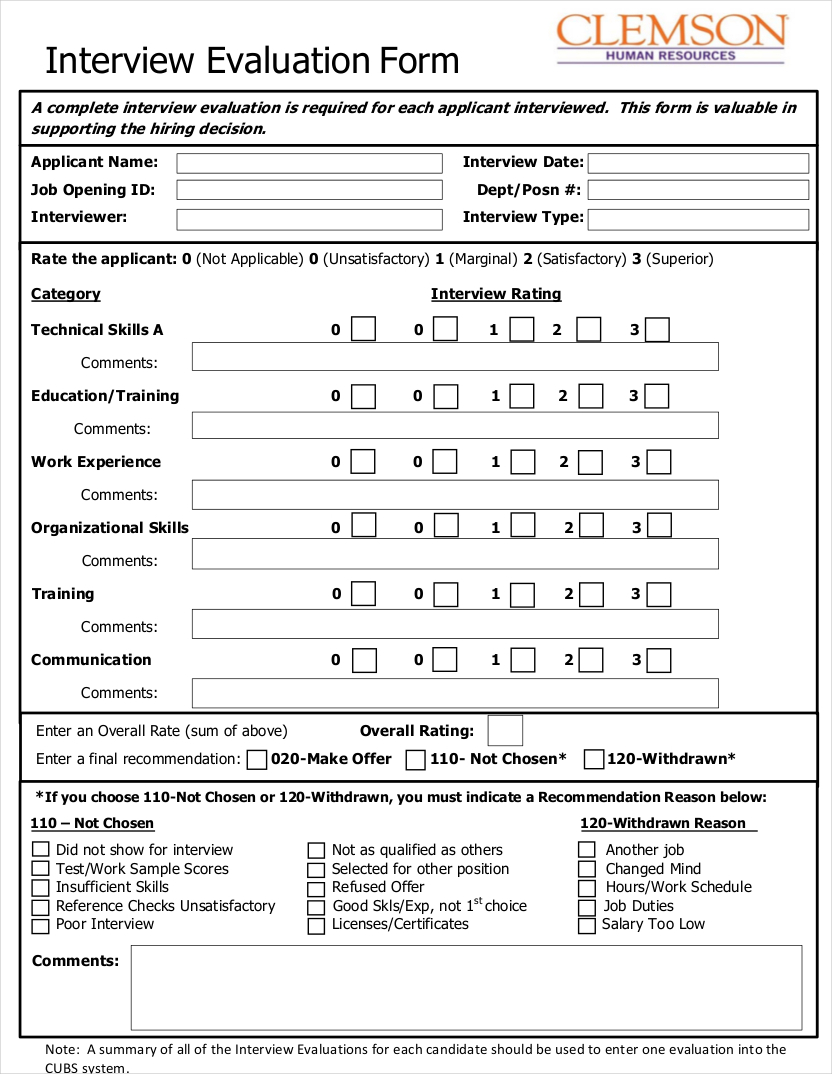 Interview Evaluation Form Template