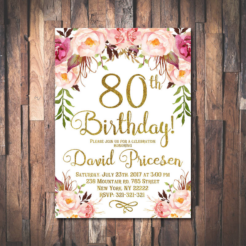 Downloadable 80th Birthday Invitation Template Minimalist Blank Printable
