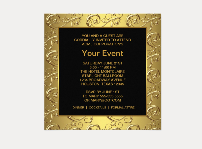 gold and black corporate event party invitation