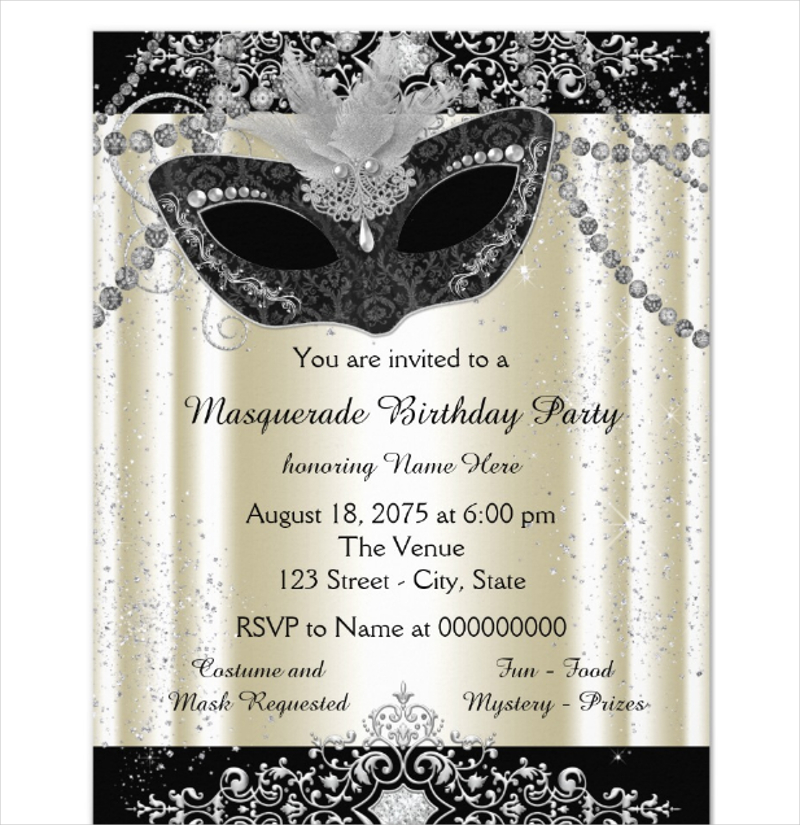 ivory and black pearl glitter masquerade party invitation