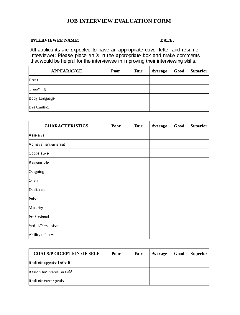 Job Interview Evaluation Form In Word And Pdf Formats - Vrogue