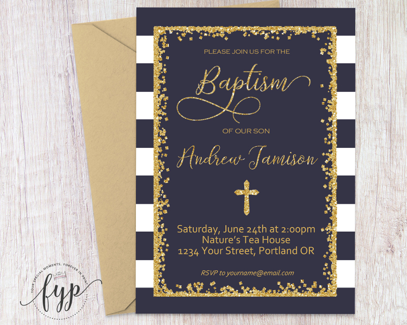 Navy and Gold Baptism Invitation