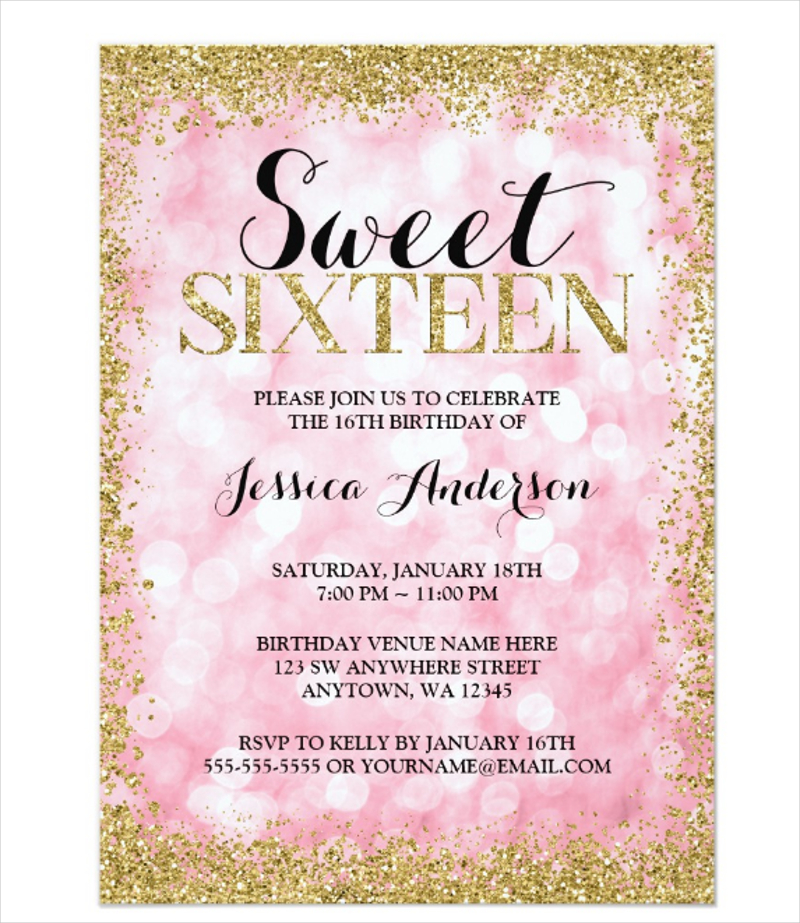 pink gold faux glitter lights sweet 16 birthday card