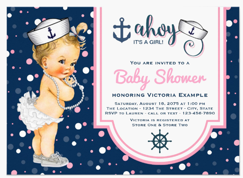 pink navy blue girl nautical baby shower invitation 
