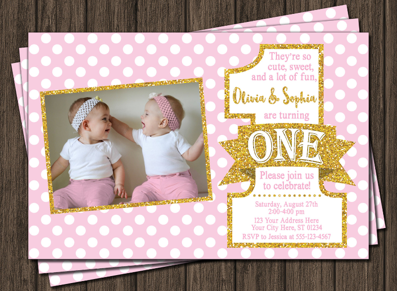 pink and gold twin birthday invitation