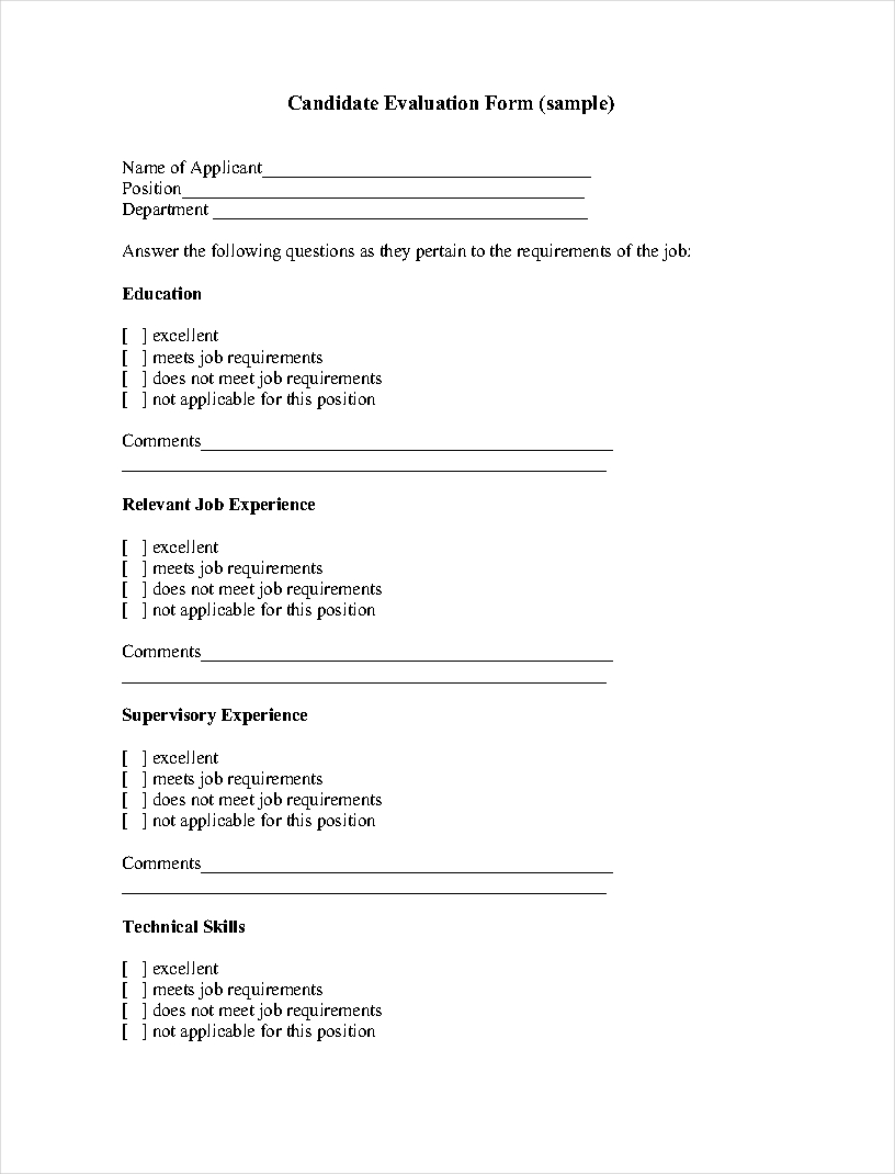 Candidate Evaluation Form Sample Interviewer Templates Fillable ...