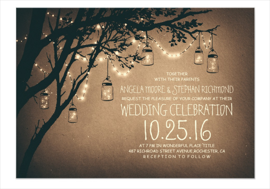 rustic mason jar string lights wedding invitation
