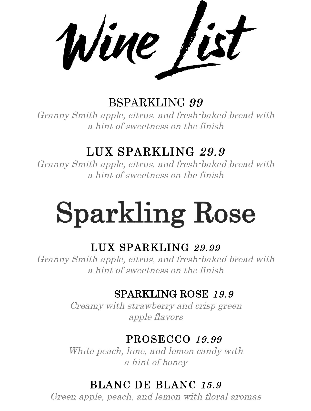 wine lists examples