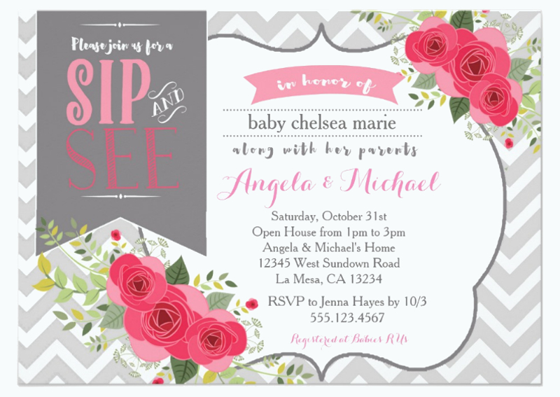 sip and see baby girl shower invitation