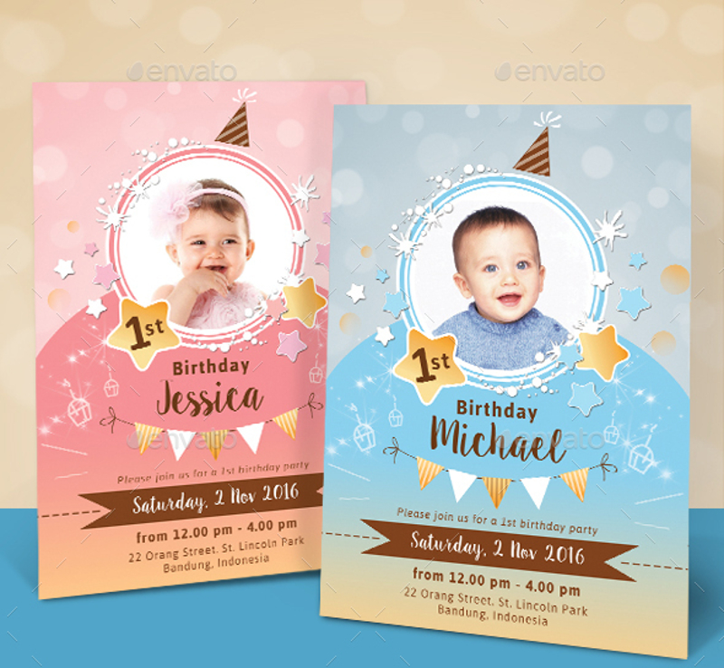 sparkling twin kids birthday invitation