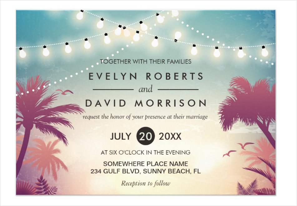 string lights palm tree wedding invitation