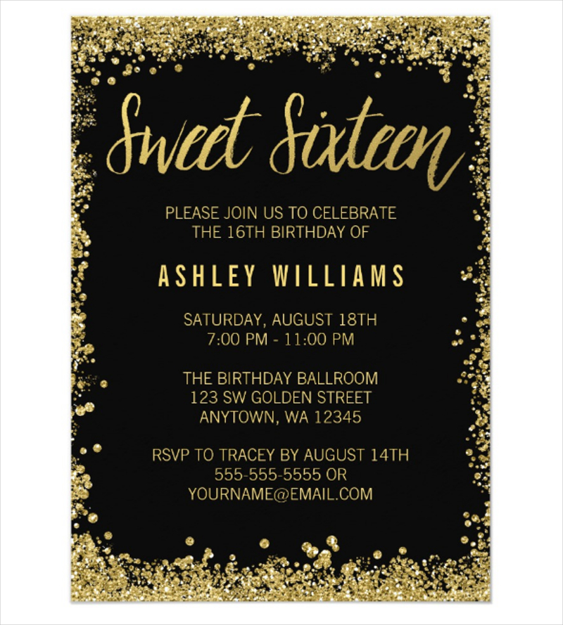 sweet 16 black gold glitter birthday invitation