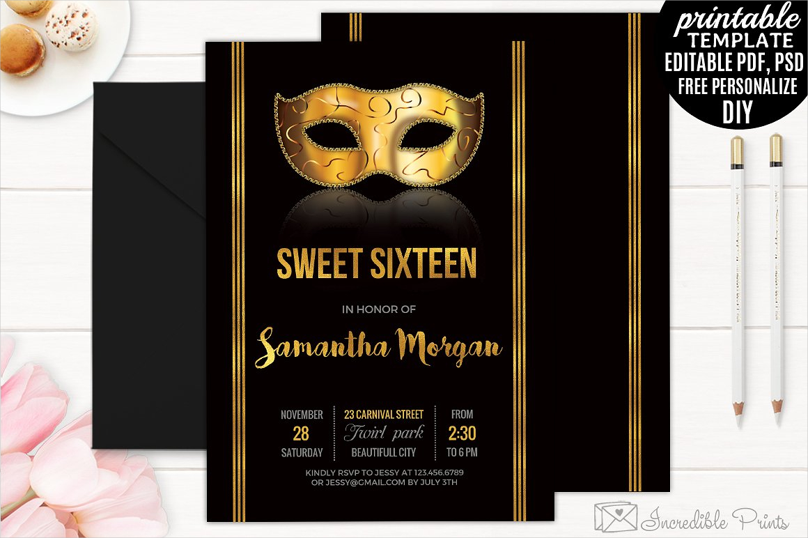 sweet 16 mask birthday invitation