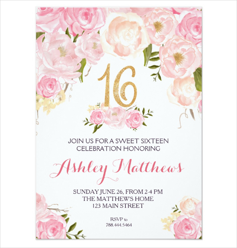 sweet 16 birthday floral birthday invitation