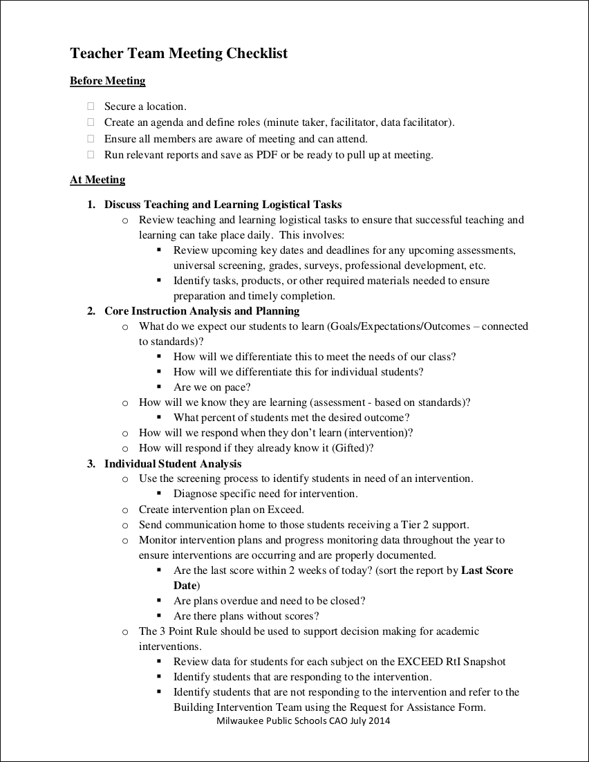 teacher team meeting checklist sample