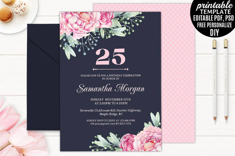 watercolor flower adult birthday party invitation
