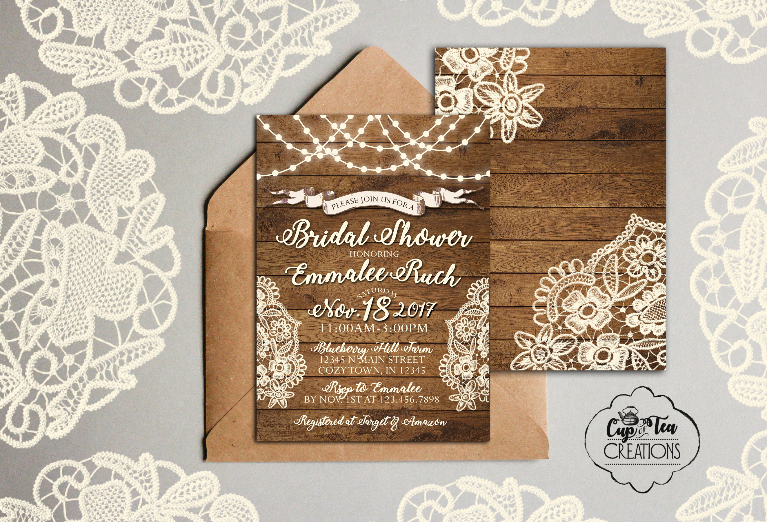 wood and lace invitation