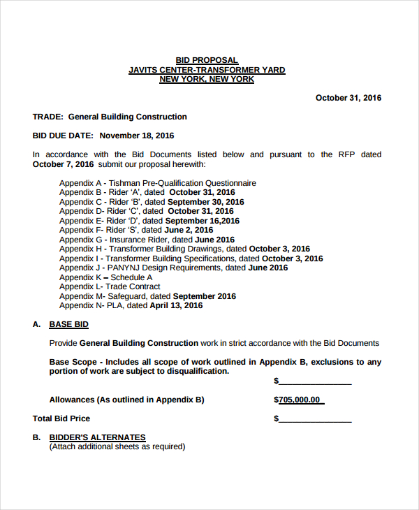 Bid Proposal Examples Construction