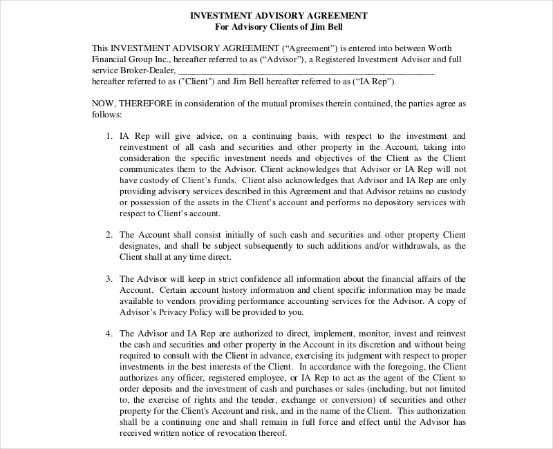 investment advisory agreement template