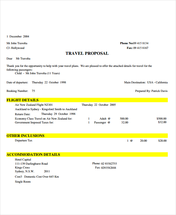Business Trip Proposal Template Excel Templates