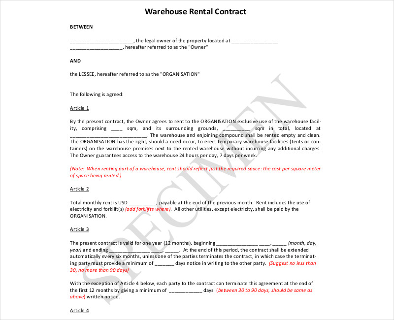 Warehouse Rental Agreement Template