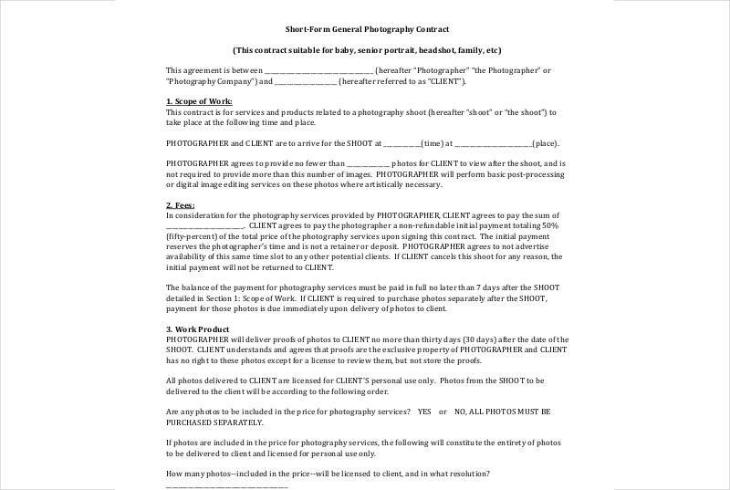 free commercial photography contract template