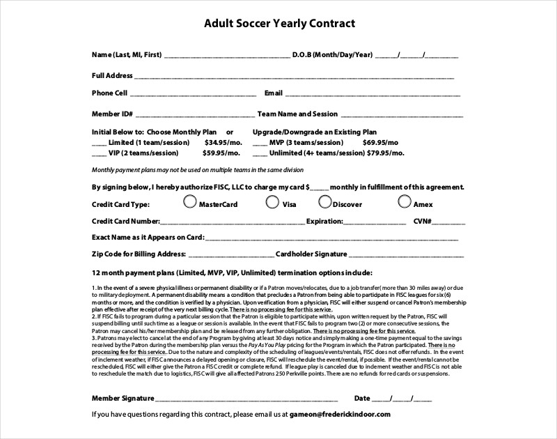 adult soccer yearly contract