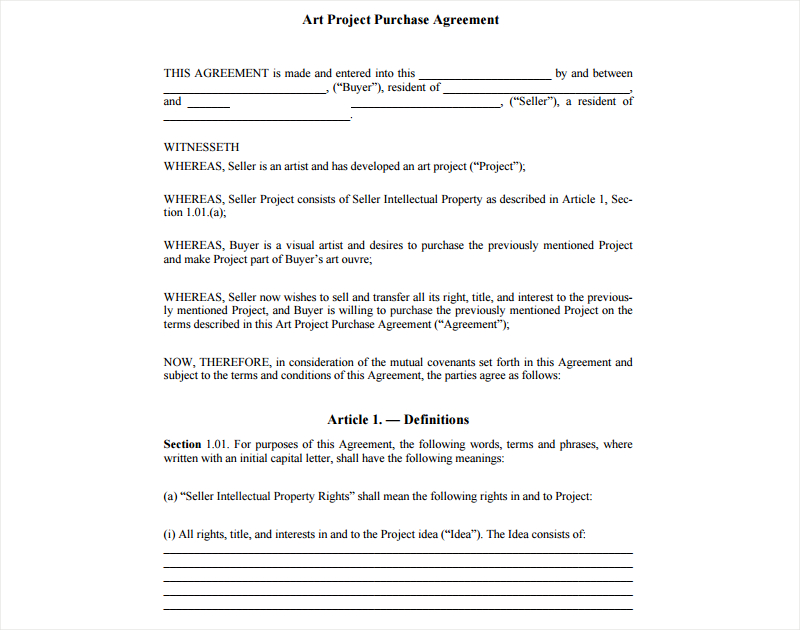 Purchase Agreement Examples 18 In PDF Google Docs Pages Word   Art Project Purchase Agreement 