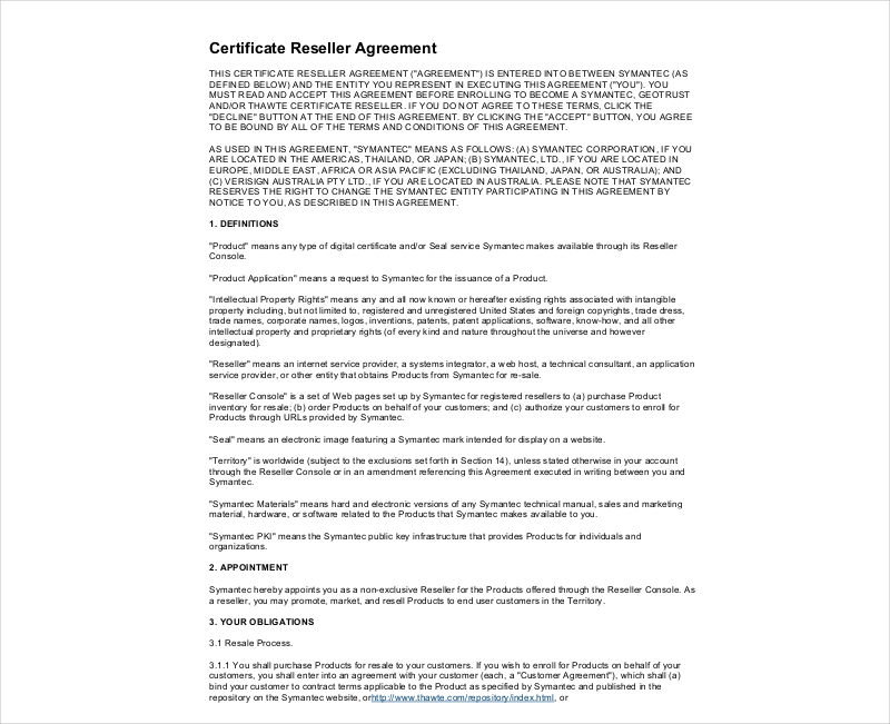 certificate reseller agreement