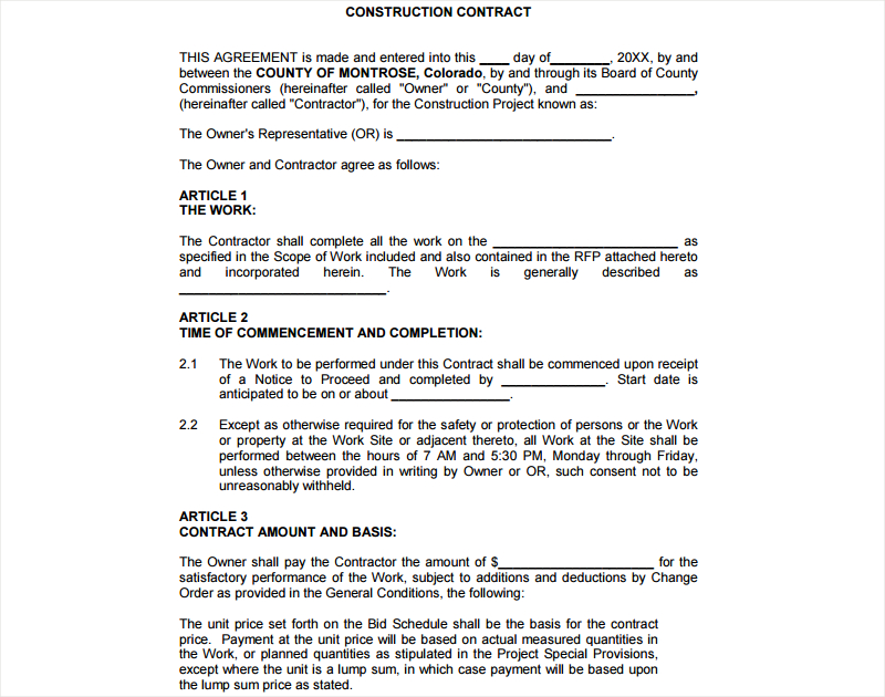 construction contract agreement