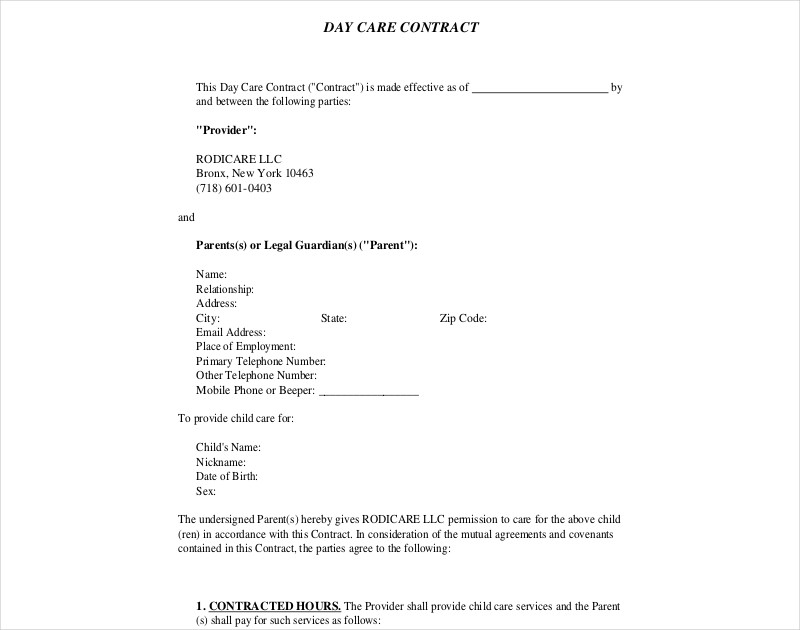 daycare contract example