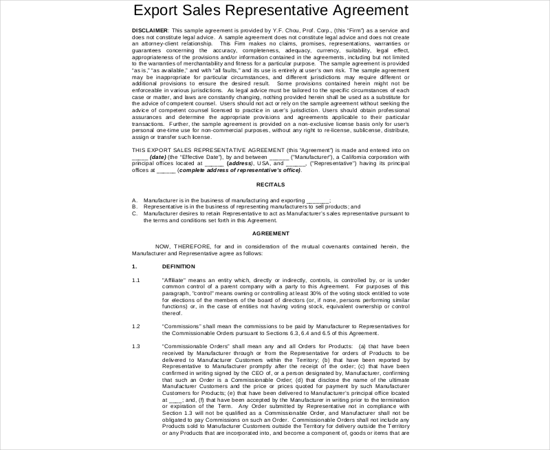 Export Sales Representative Agreement