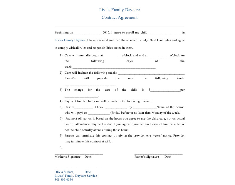 livias family daycare contract agreement