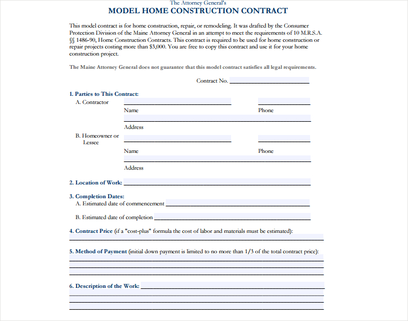 model home construction contract