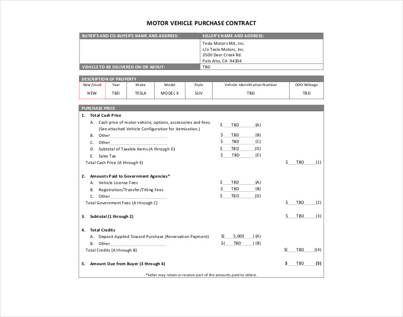 motor vehicle purchase contract