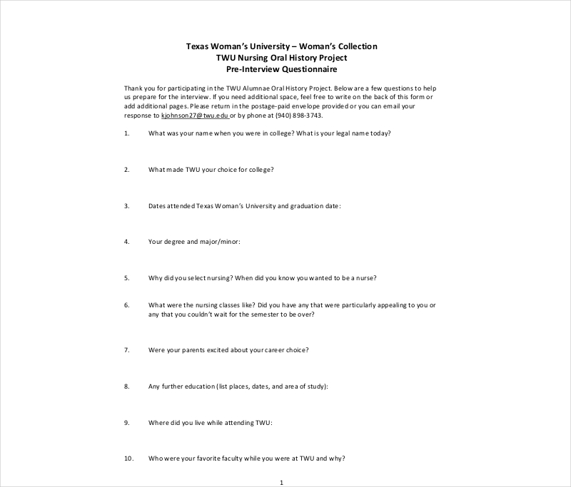 Nurse Pre Interview Questionnaire