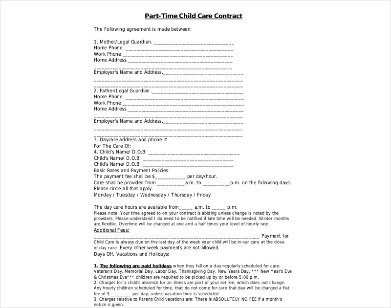 part time child care contract