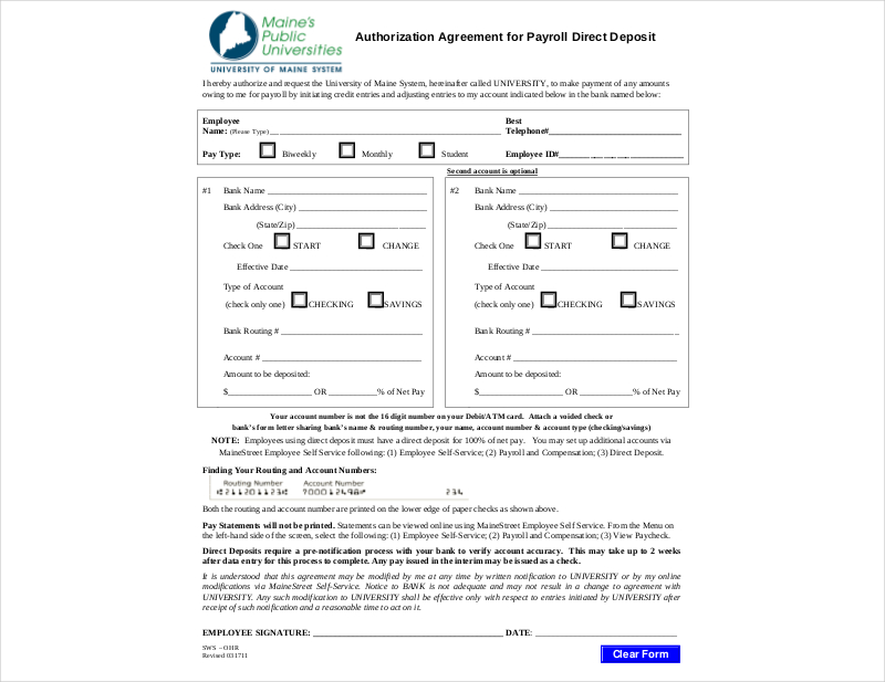 payroll direct deposit agreement