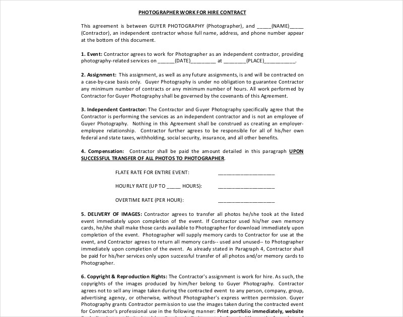 photographer work for hire agreement 